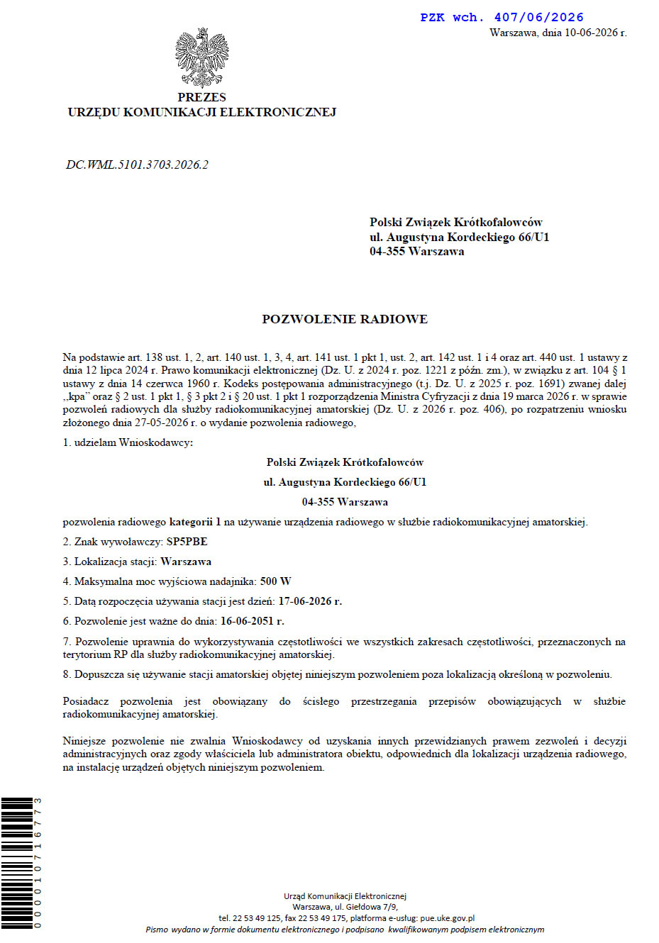 Pozwolenie radiowe SP5PBE SP5PBE pozwolenie strona 1cc